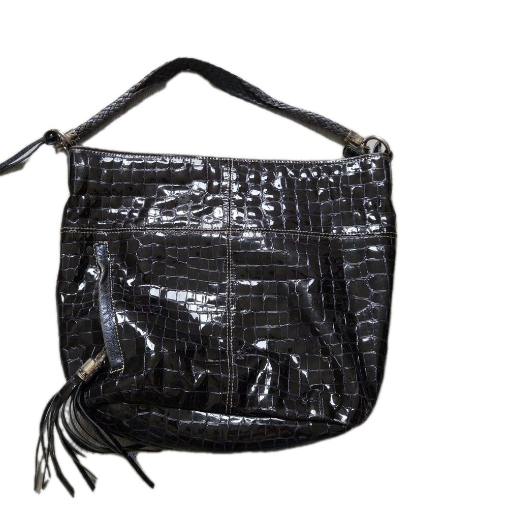 Brighton Cher Black Patent Croc Embossed Large Shoulder Bag Tassel Purse GUC - Picture 1 of 12